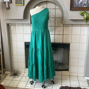 Anrabess one shoulder green midi dress size large ruffle pleated smocked dress
